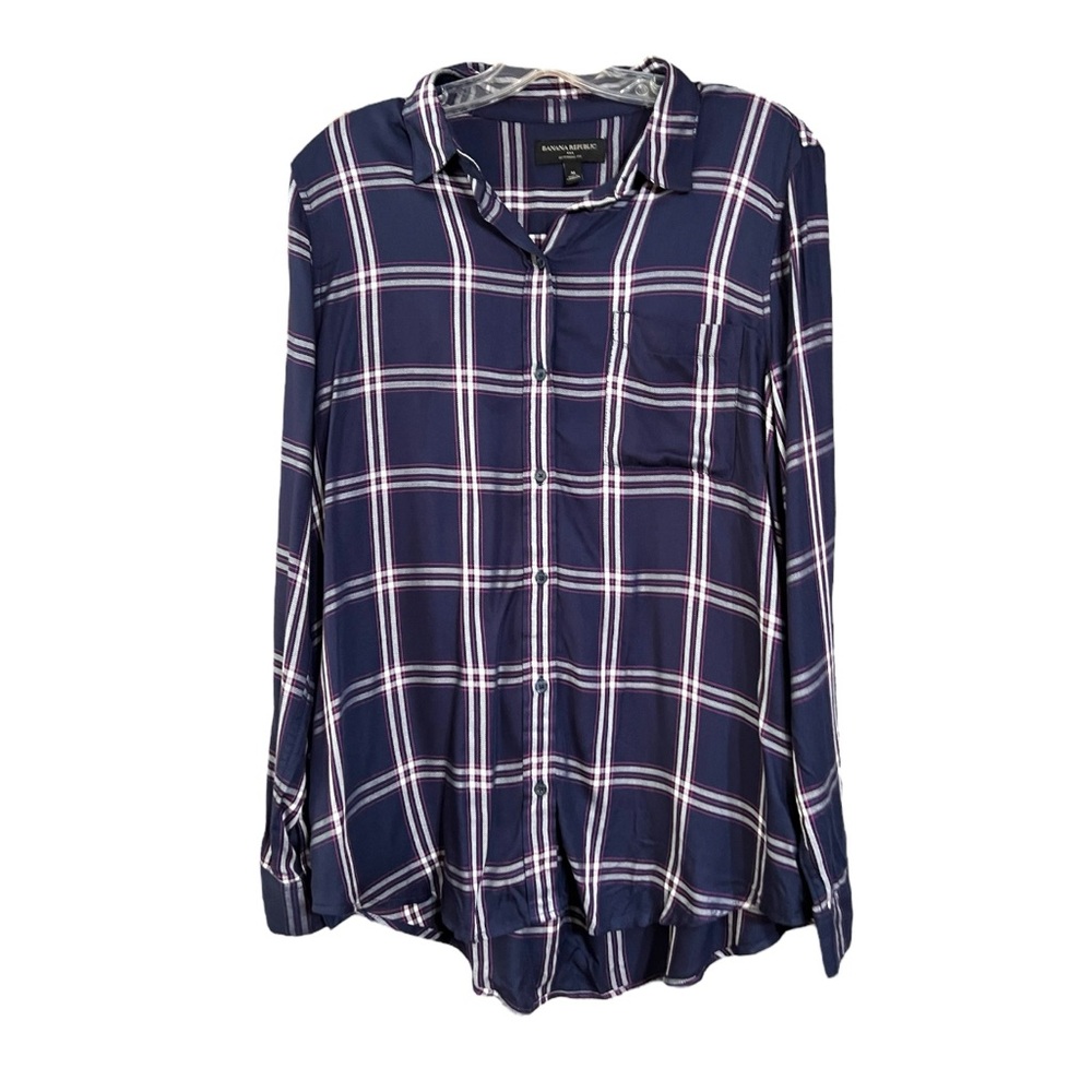 Banana Republic Boyfriend Fit Blue Pink Plaid Button Down Shirt Sz M EUC - Picture 1 of 8